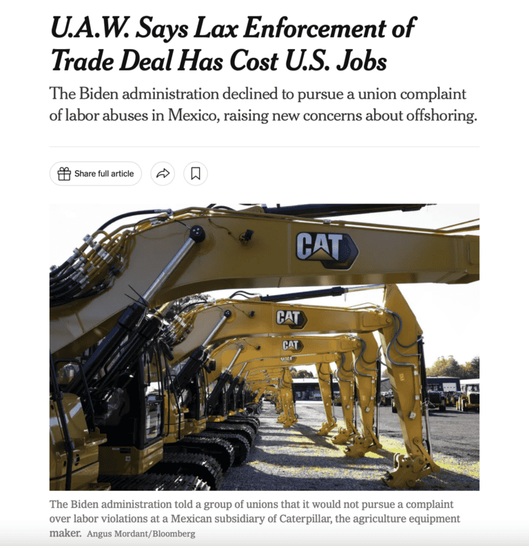 U.A.W. Says Lax Enforcement of Trade Deal Has Cost U.S. Jobs